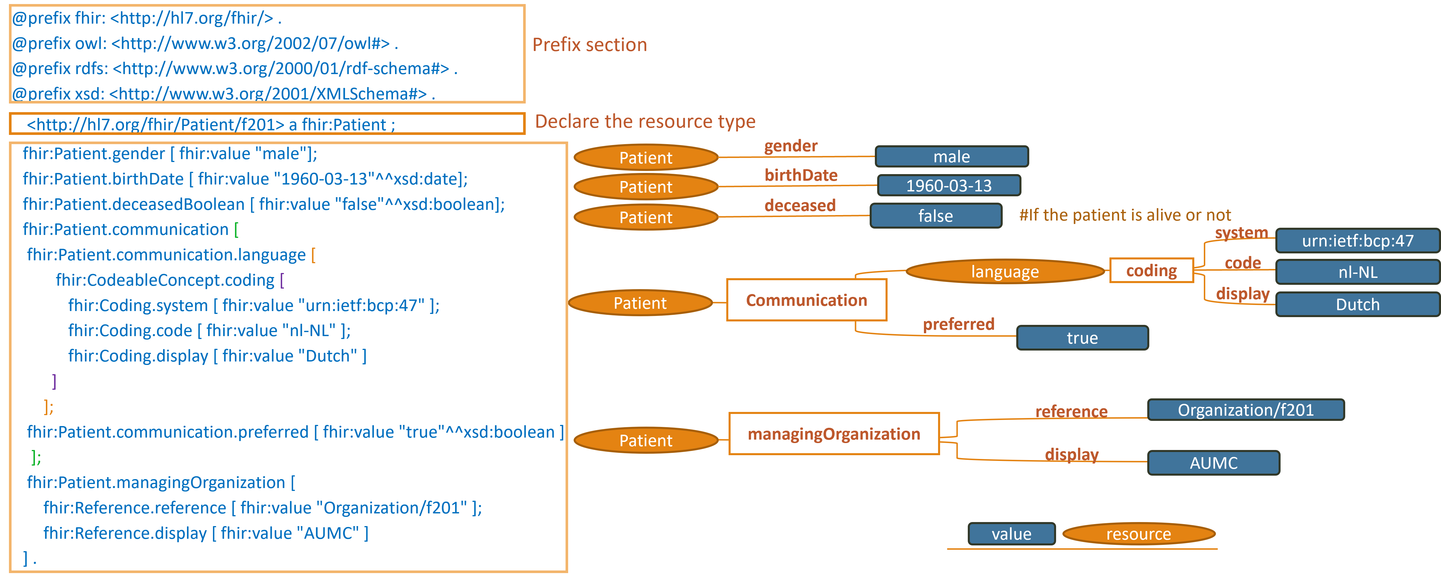 Turtle syntax and graphical mapping for a FHIR Patient resource. The image displays PREFIX declarations for FHIR, OWL, XMLSchema, and RDF at the top. 
        Below, the Turtle syntax details attributes of a Patient resource, including 'gender' set to 'male', 'birthDate' on '1960-03-13', 'deceasedBoolean' marked as 'false', and communication preferences indicating a language of 'Dutch' coded under the system 'urn:ietf:bcp:47' and code 'nl-NL'. 
        The managing organization is referenced as 'Organization/f201' with the display name 'AUMC'. Each attribute from the Turtle syntax is correspondingly illustrated in a graphical diagram on the right, showing the connections between subjects, predicates, and objects to visually depict the data structure